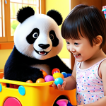A joyful 4-year-old child, with bright eyes and a big smile, enthusiastically putting away colorful toys into a storage bin in a tidy, sunlit playroom. In the background, or subtly integrated as if from a screen, are the friendly BabyBus panda characters, Kiki and Miumiu, appearing to encourage the child. The scene should convey a sense of fun, positive daily habits, and easy learning. Vibrant colors, clean animation style, high resolution.