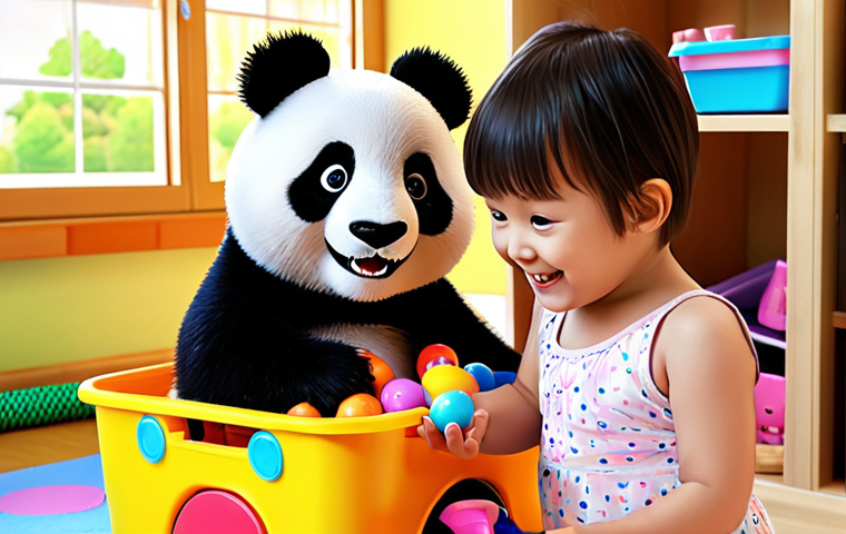 A joyful 4-year-old child, with bright eyes and a big smile, enthusiastically putting away colorful toys into a storage bin in a tidy, sunlit playroom. In the background, or subtly integrated as if from a screen, are the friendly BabyBus panda characters, Kiki and Miumiu, appearing to encourage the child. The scene should convey a sense of fun, positive daily habits, and easy learning. Vibrant colors, clean animation style, high resolution.